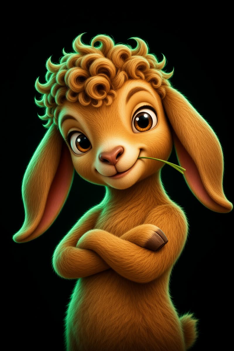 Sheru, the golden-brown goat mascot of $SHERU, arms crossed with a blade of grass in his mouth